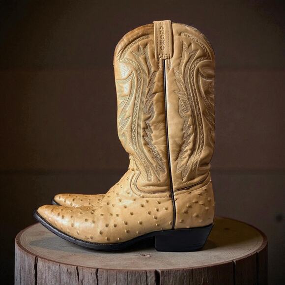 Rancho Western Boots Mens Cream Ostrich Print Point Toe Cowboy MEX 26.5E (9.5E) - Picture 1 of 9